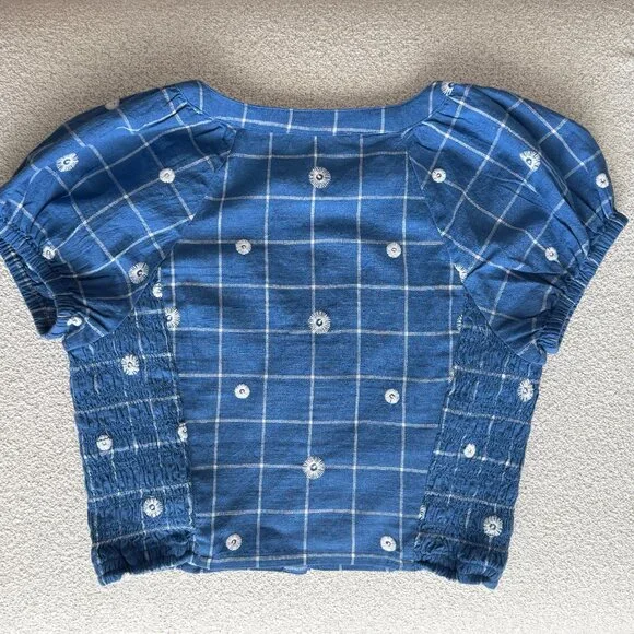 Madewell Blue Embroidered Puff-Sleeve Crop Top size 2 - Picture 6 of 7